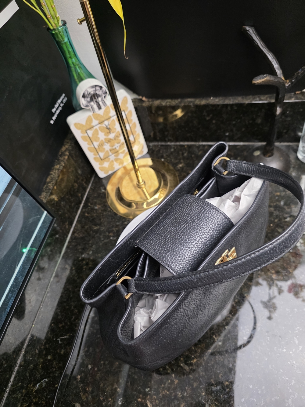 Tory Burch Black Leather Top-Handle Satchel with Gold Logo - Picture 6 of 15